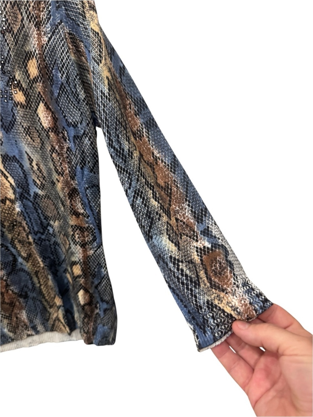 Alberto Makali Blue, Brown & Black Snake-Print V-Neck Sweater size M - Picture 2 of 4